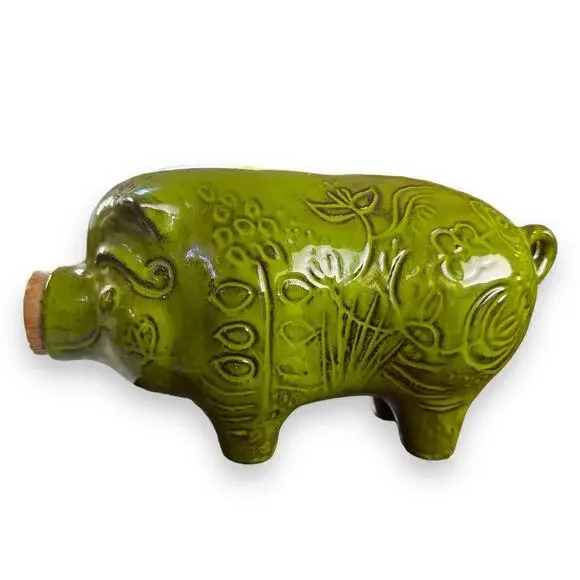 Large MCM Vintage 60s Piggy Bank Green Cali USA Cork Mid Century